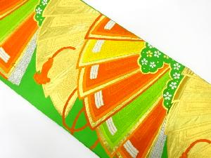 アンティーク　桧扇に雲・花模様織り出し袋帯（着用可）